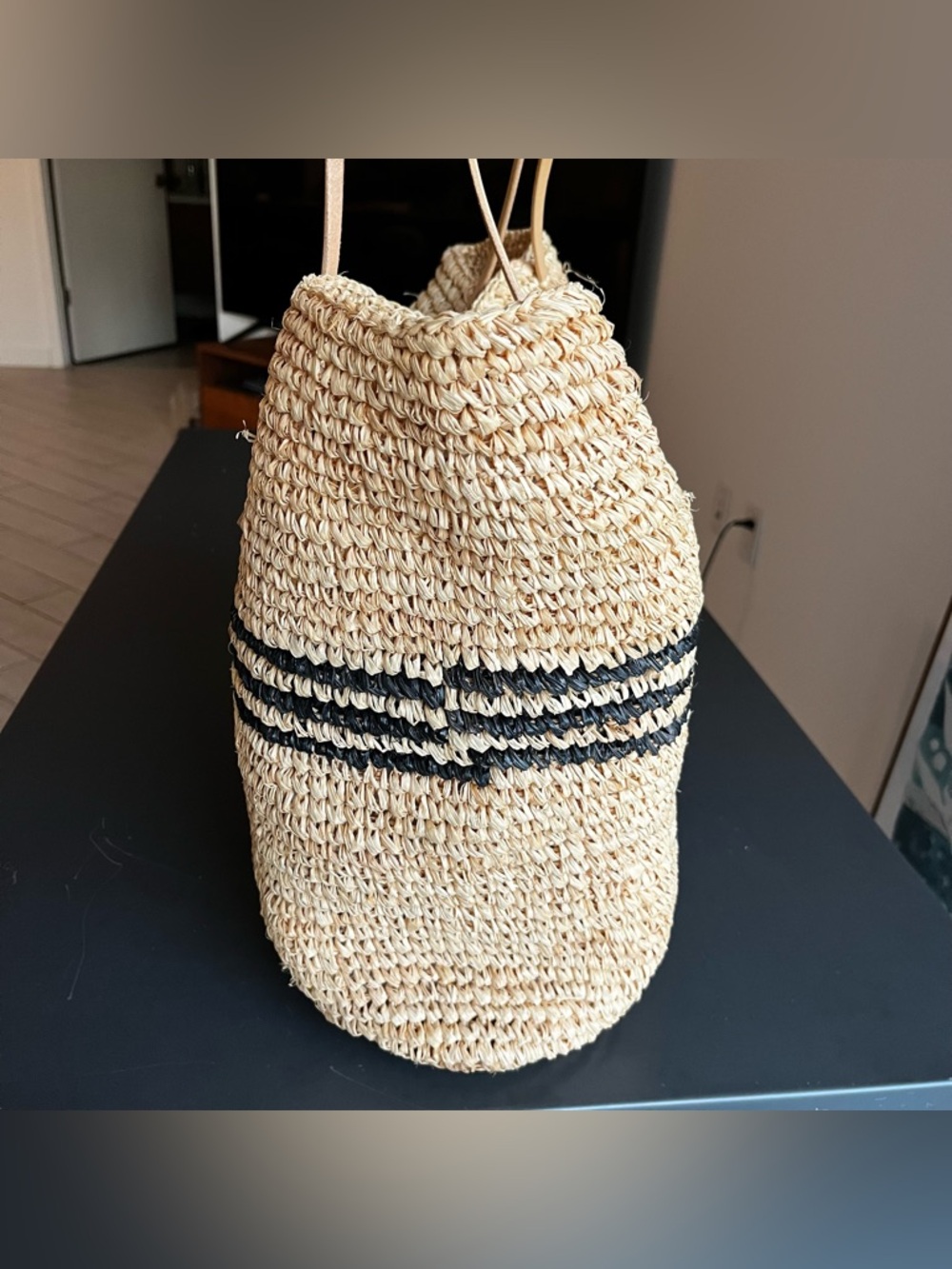 Hat Attack Luxe Stripe Tote 100% Raffia Natural/Black LARGE Summer Beach Boho - Picture 9 of 12